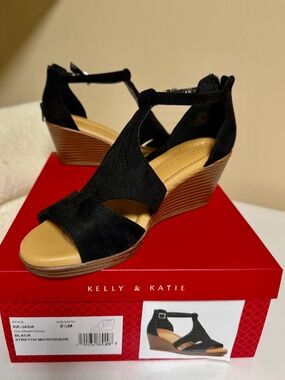 KELLY & KATIE KK-Jada Black Stretch Microsuede Wedge Sandals size 8 1/2 M